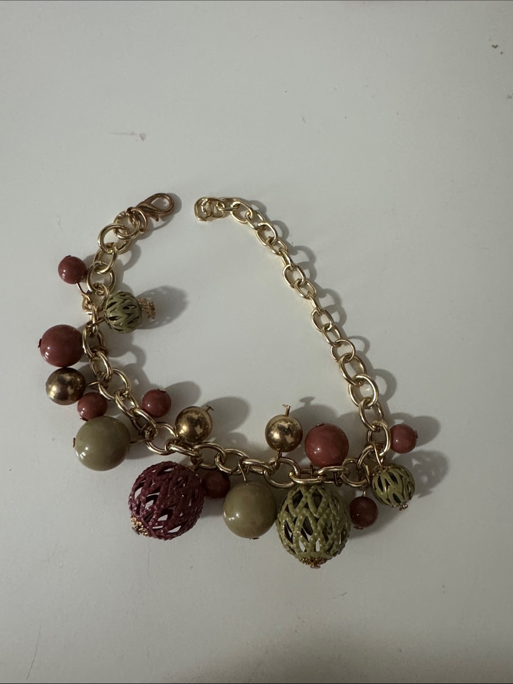 Gold Chain Charm Bracelet with Olive Green and Burgundy Beads - Unbranded